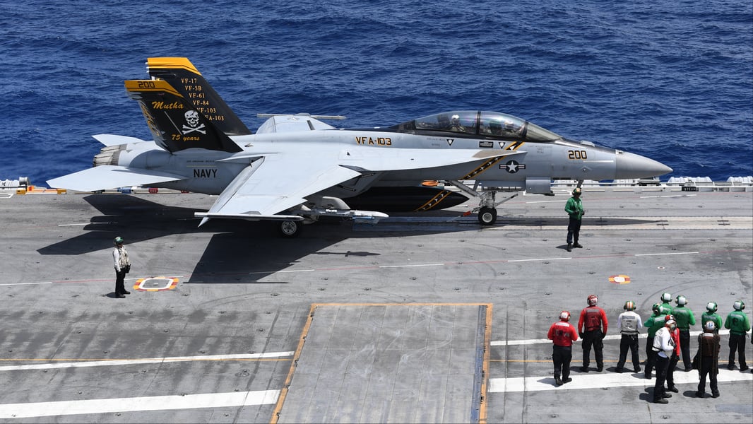 An F/A-18F Super Hornet aboard the aircraft carrier USS Abraham Lincoln, the type of jet that fired on the MT Marivex