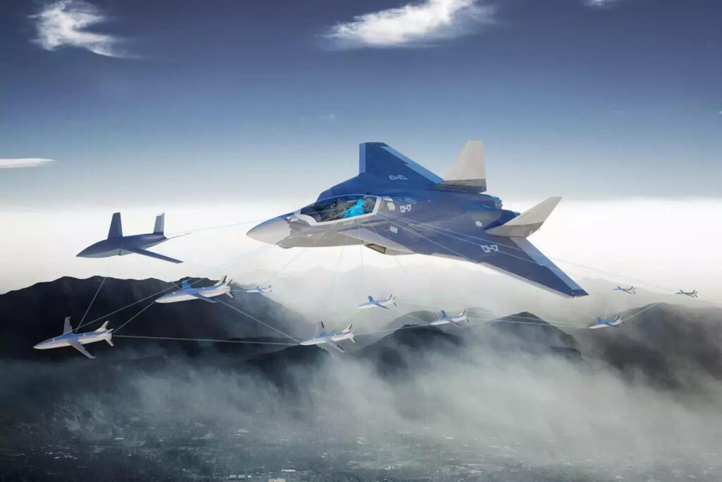 FCAS next-generation fighter jet mock-up with swarm of drones, Germany post-FCAS Airbus proposal