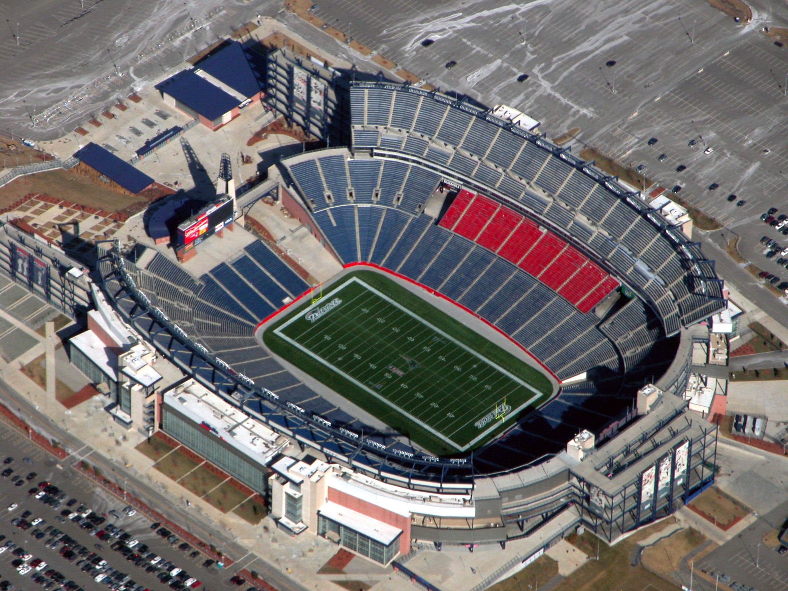 Aerial top view of Gillette Stadium in Foxborough Massachusetts hosting the 2026 World Cup France vs Norway Group I match