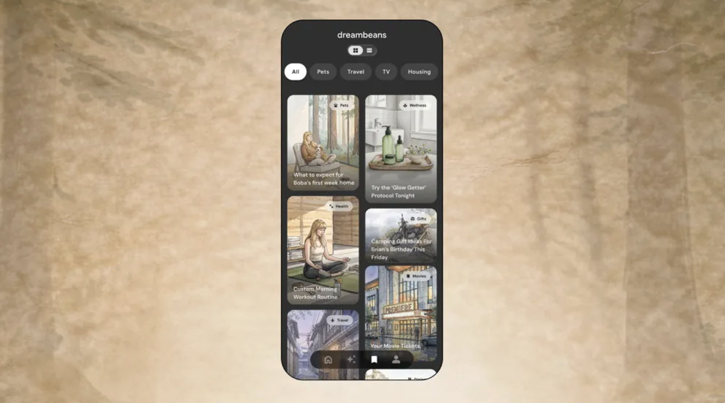 Google Dreambeans app showing personalized AI-generated daily stories on a smartphone screen