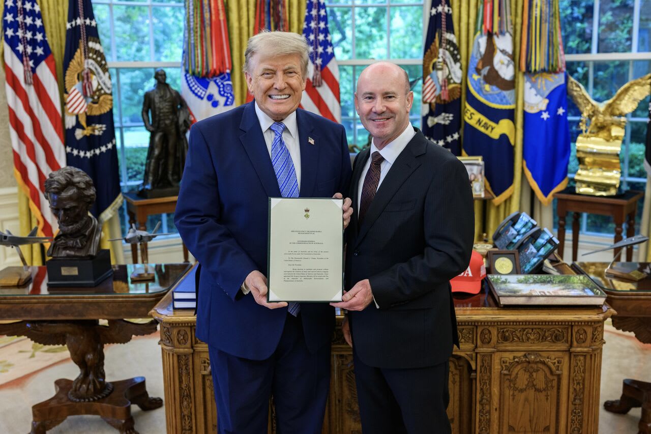 Australian Ambassador Greg Moriarty presents his credentials to US President Donald Trump in Washington
