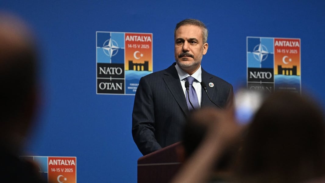 Turkish Foreign Minister Hakan Fidan addresses press conference at NATO foreign ministers meeting in Antalya Turkey