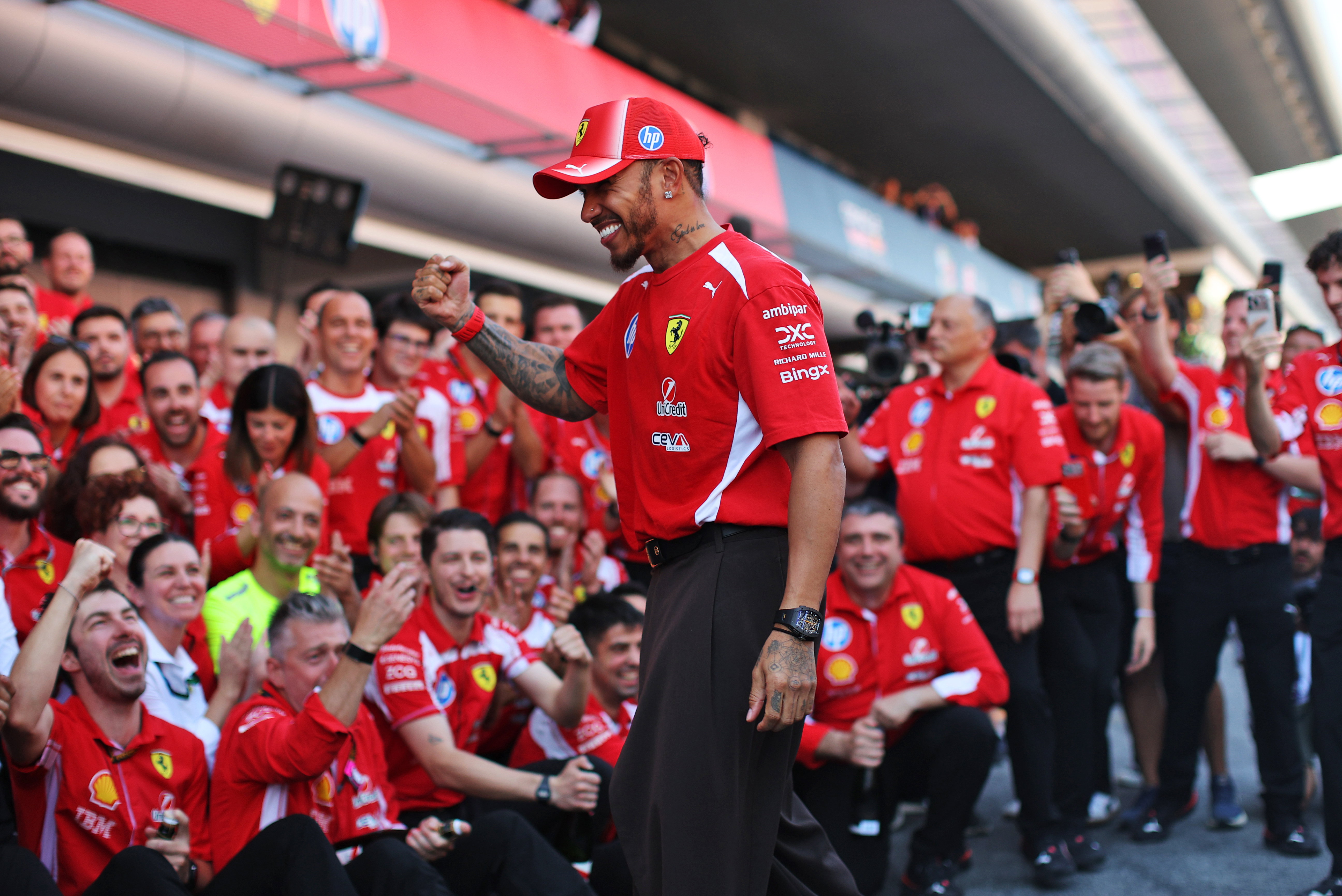 Lewis Hamilton celebrates his first Formula 1 win for Ferrari at the 2026 Barcelona-Catalunya Grand Prix