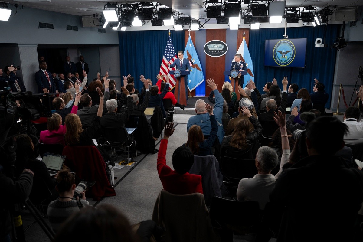 Defense Secretary Pete Hegseth and Gen. Dan Caine at Pentagon press briefing on Operation Epic Fury budget and war goals