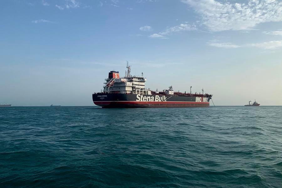An oil tanker navigating near the Strait of Hormuz during the US naval blockade of Iran in 2026