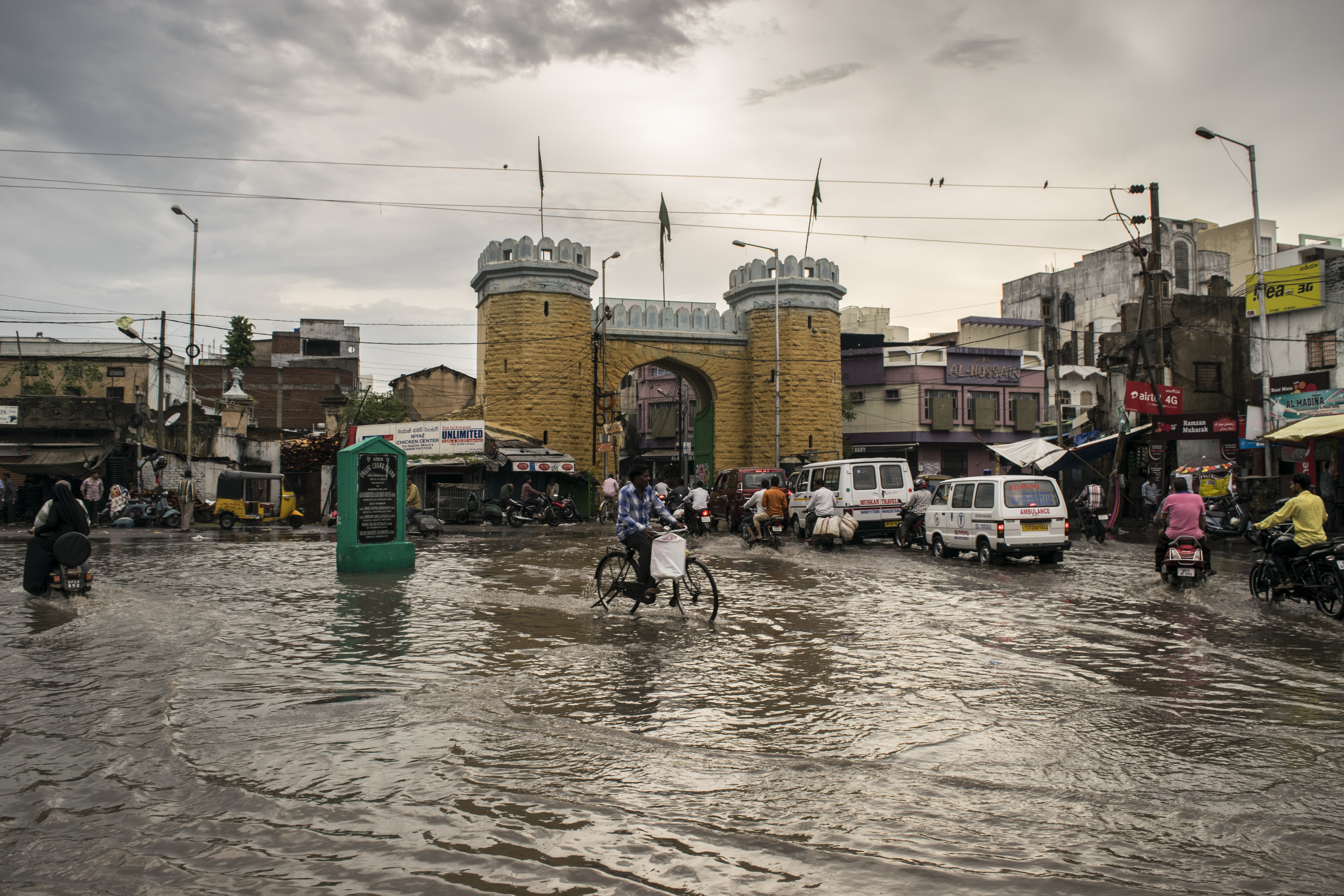 Waterlogged street near the Dabeerpura Darwaza gate in Hyderabad's old city after heavy rain