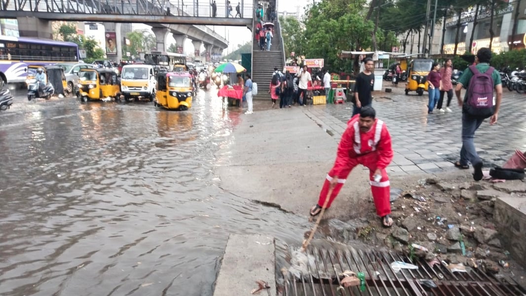 Waterlogged streets in Hyderabad IT corridor after heavy rain in June 2026