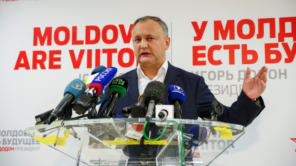 Former Moldovan President Igor Dodon speaks to reporters warning that Moldova-Romania unification would collapse the state