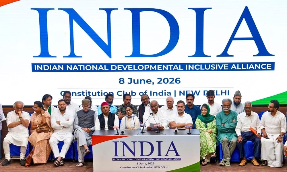 Leaders of 25 opposition parties at the INDIA bloc meeting in New Delhi on June 8 2026 including Congress president Kharge and Leader of Opposition Rahul Gandhi
