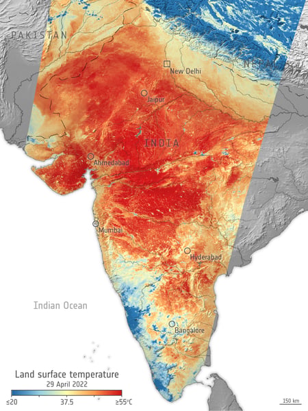 Copernicus Sentinel-3 satellite map showing extreme land surface temperatures across India during a heatwave