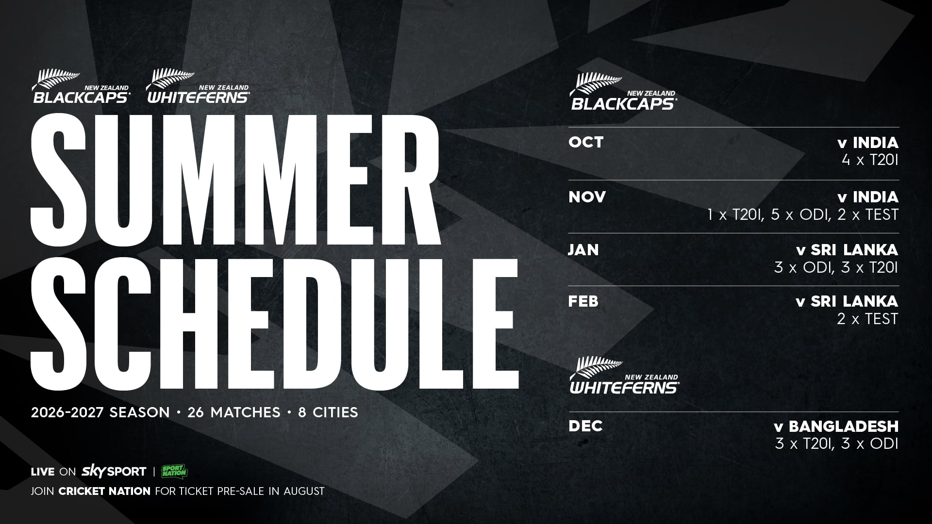 NZC schedule announcement banner for India's 2026 tour of New Zealand