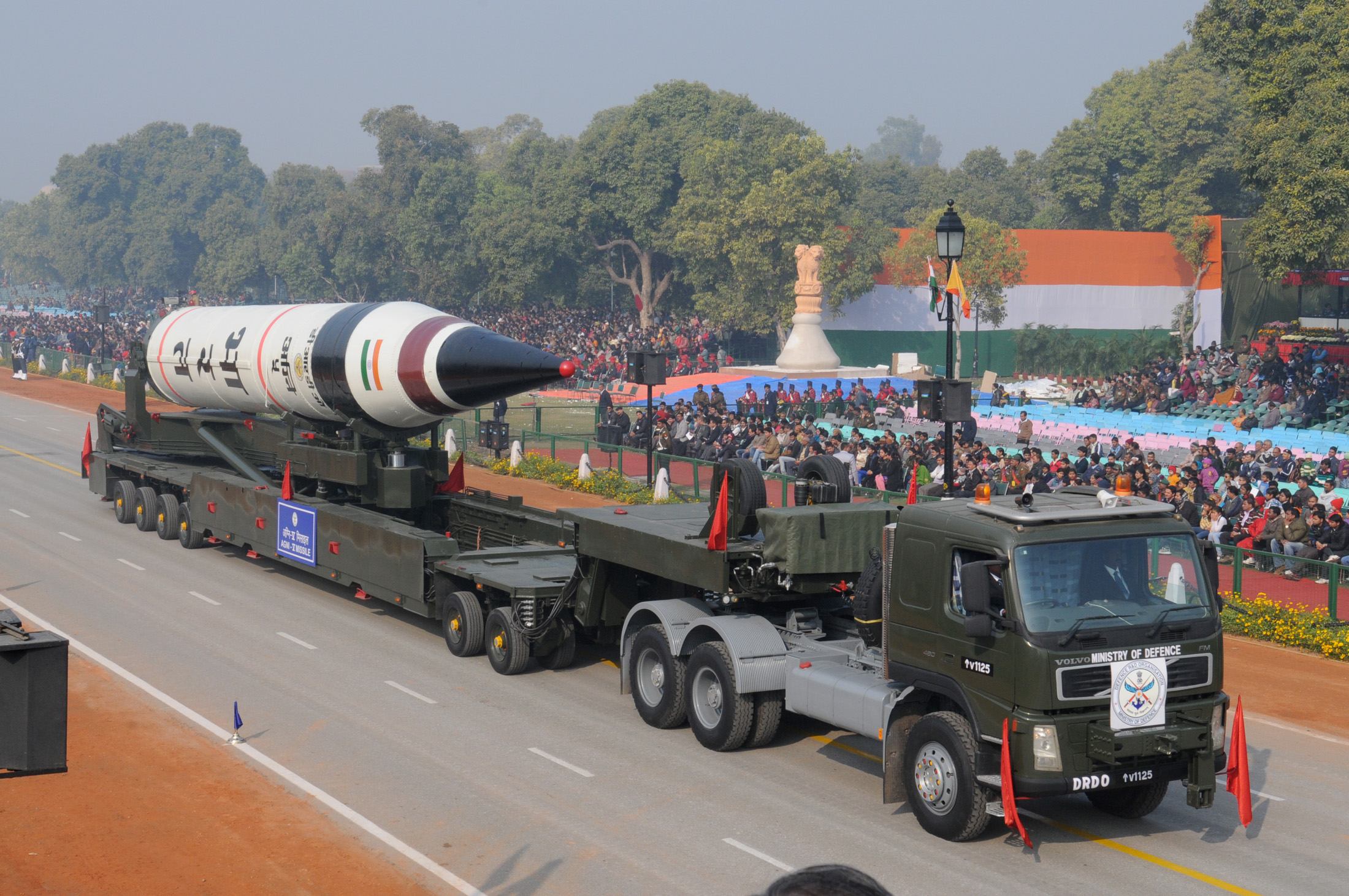 India's Agni-V long-range ballistic missile on a mobile launcher during a Republic Day Parade rehearsal in New Delhi