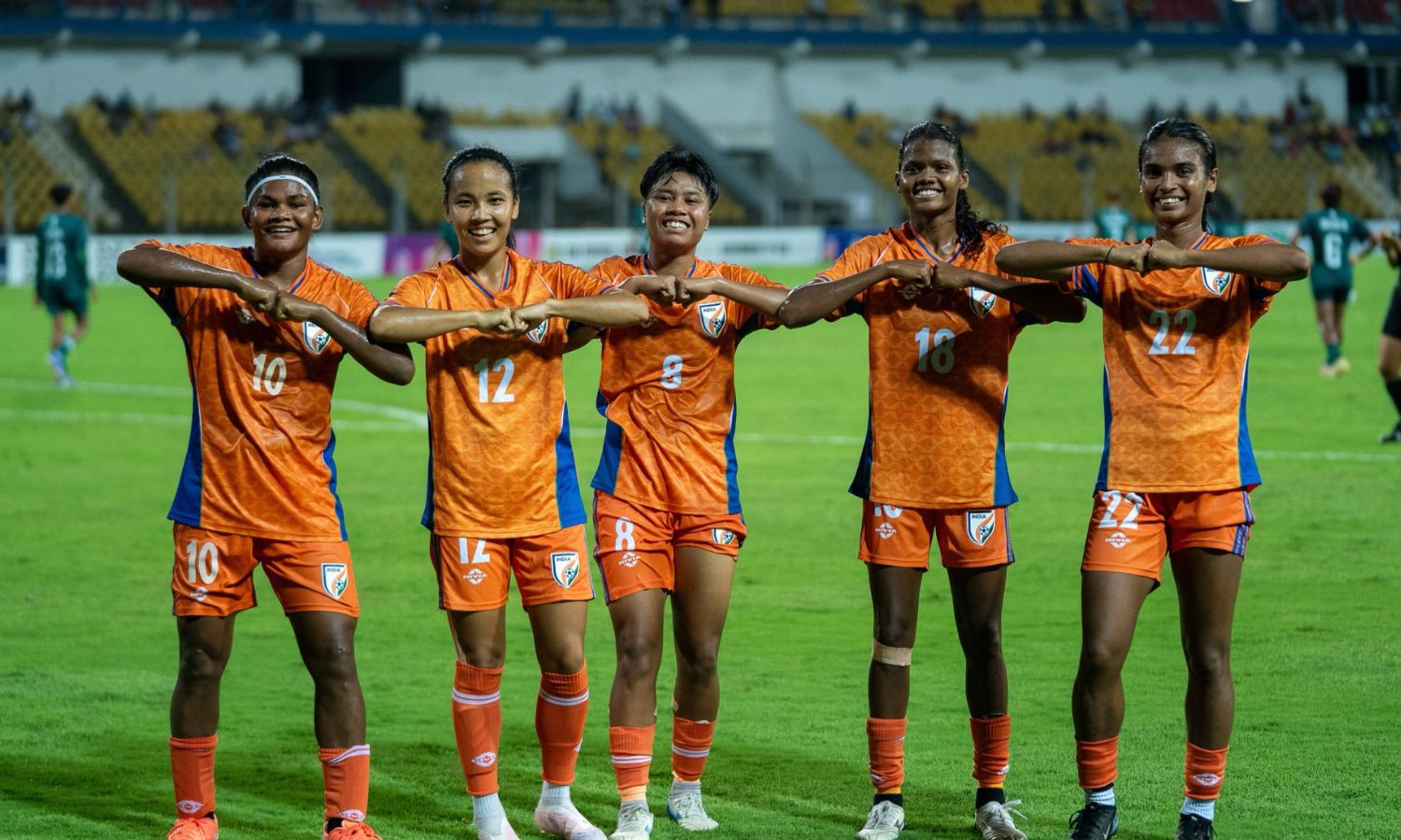 India Blue Tigresses celebrate winning the SAFF Women's Championship 2026 final against Bangladesh in Margao, Goa