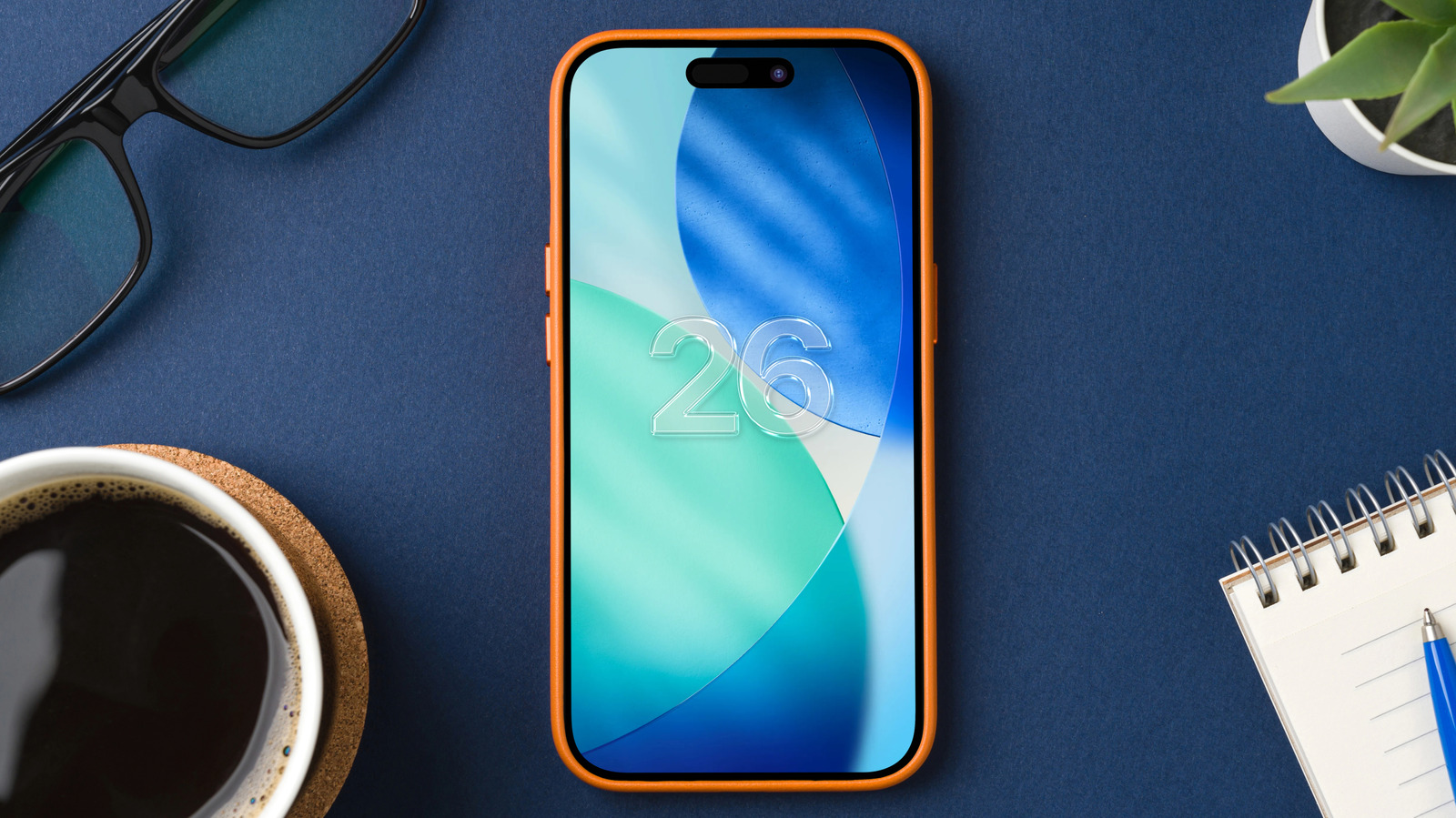 iOS 26 wallpaper and interface on iPhone display