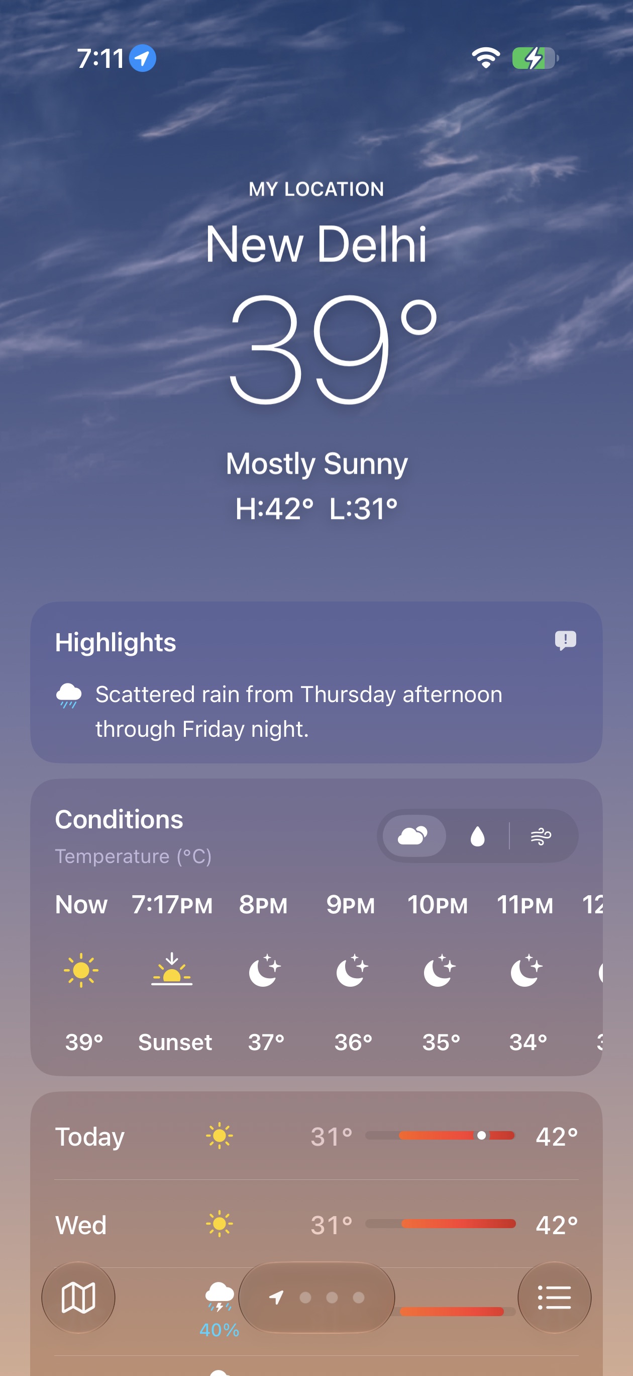 iOS 27 Weather app showing the new highlights section with upcoming weather events