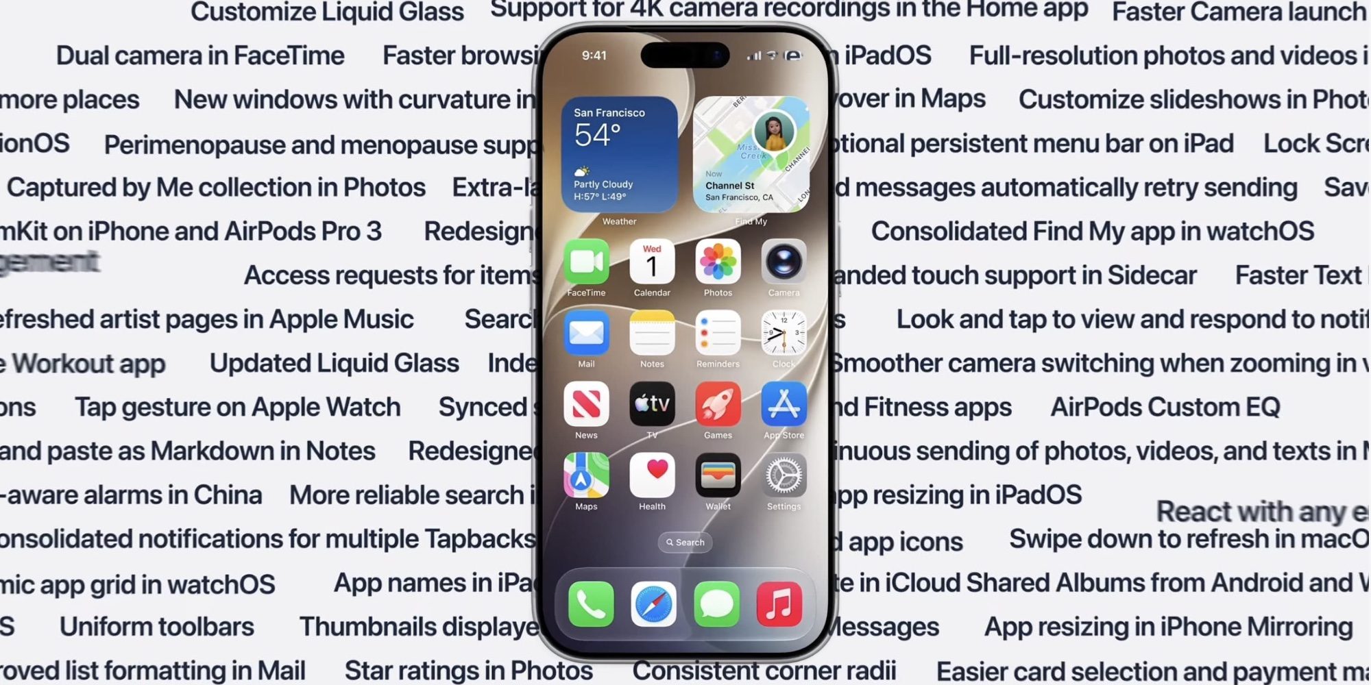 Apple WWDC 2026 keynote slide showing iOS 27 speed improvements including 30 percent faster app launches and 80 percent faster AirDrop
