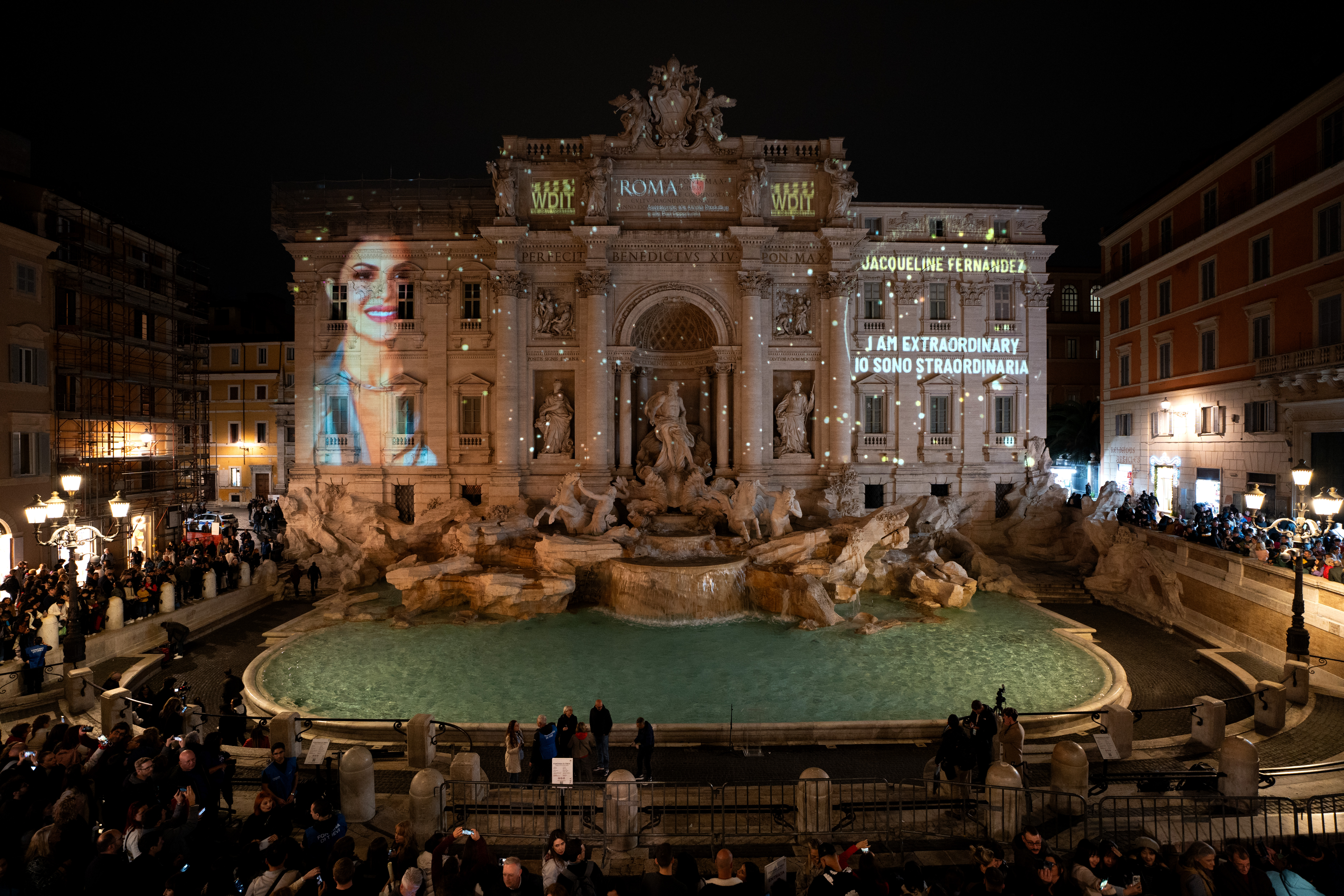 Jacqueline Fernandez's face projected onto the Trevi Fountain in Rome during a 2025 campaign