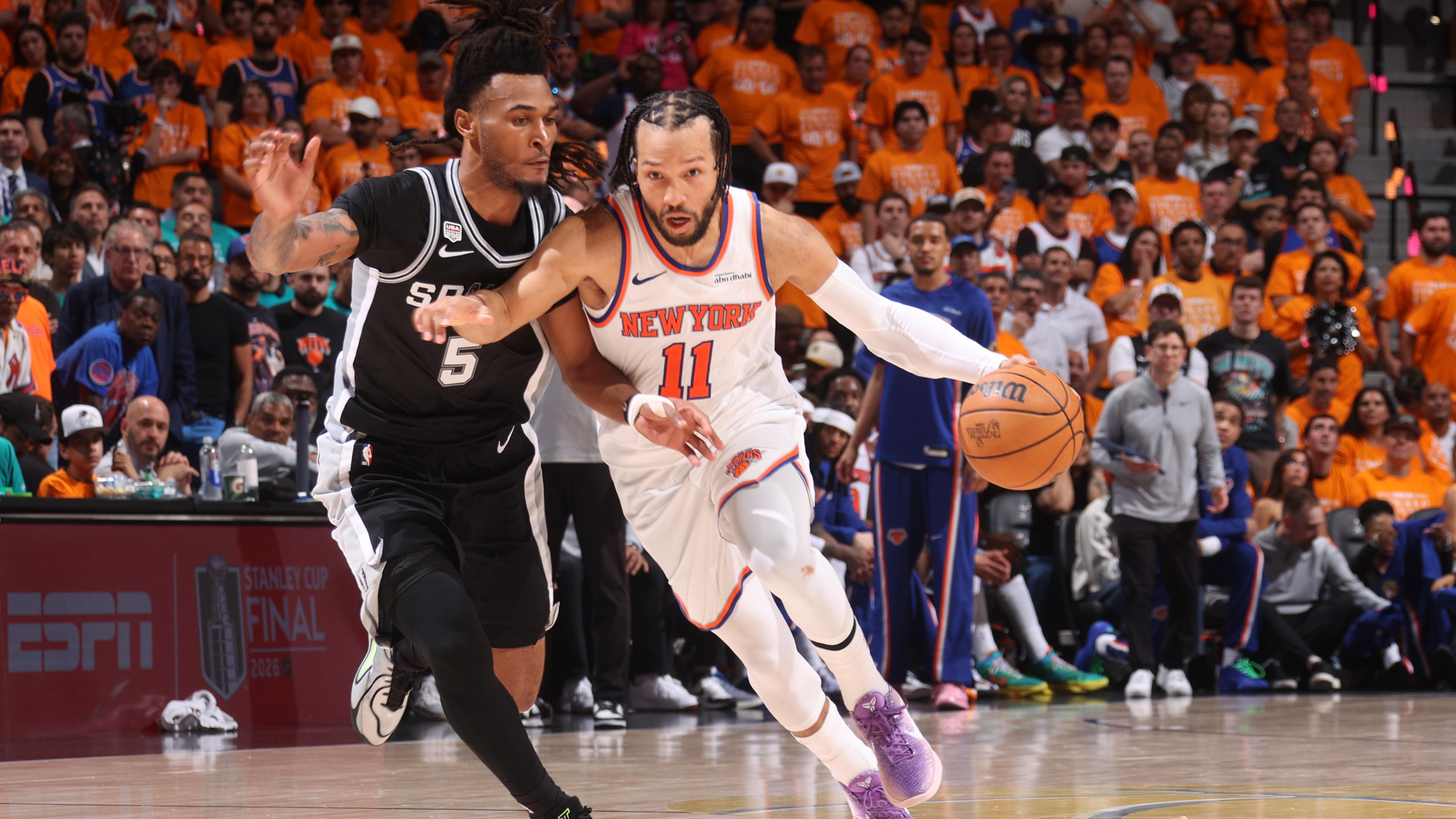 Jalen Brunson drives to the basket for the New York Knicks in Game 1 of the 2026 NBA Finals against the San Antonio Spurs