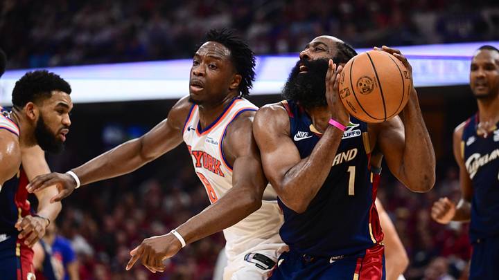 James Harden of the Cleveland Cavaliers attempts a shot against the New York Knicks in the 2026 Eastern Conference Finals