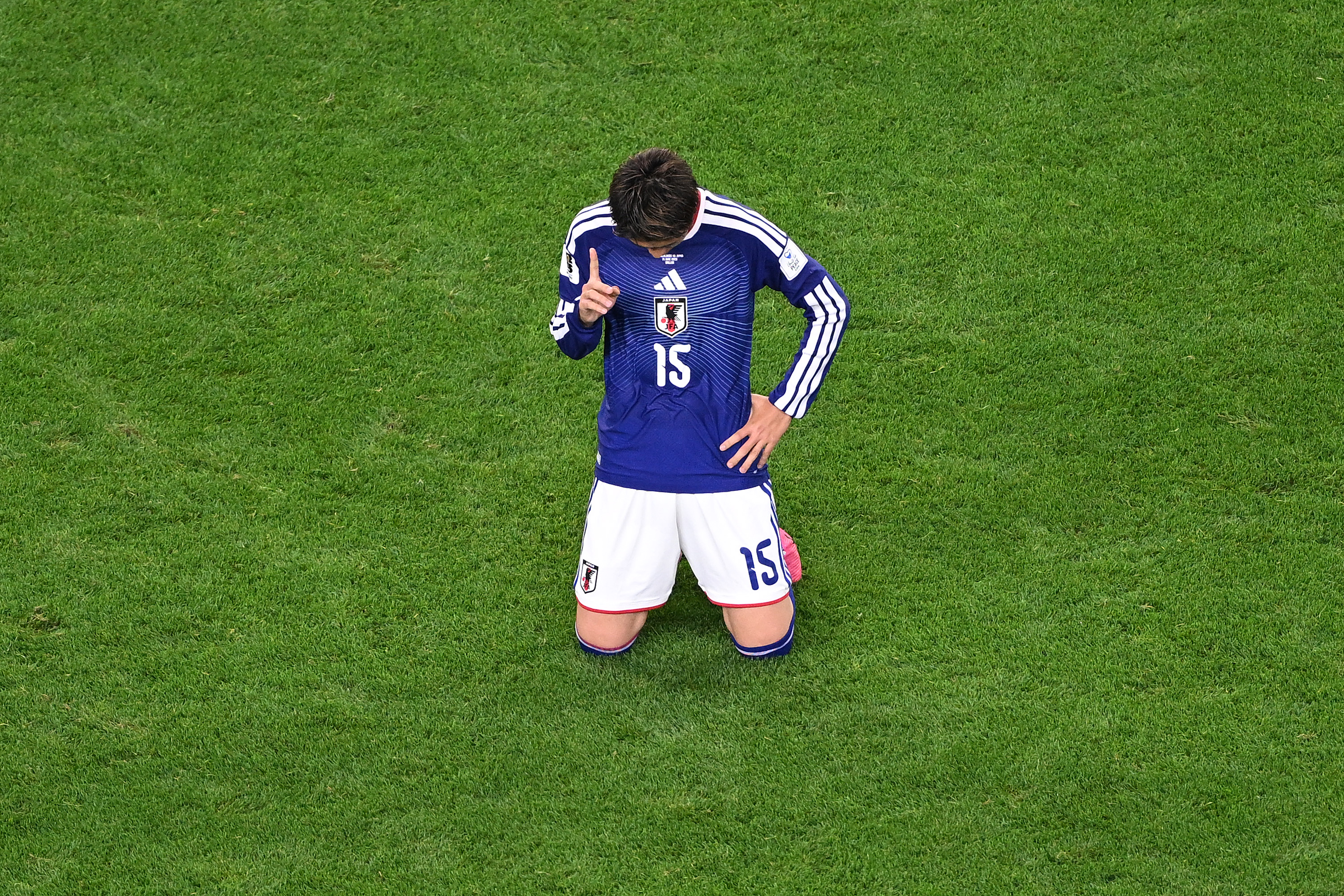 Daichi Kamada points to the sky after his 88th-minute equalizer for Japan against the Netherlands at the 2026 FIFA World Cup in Arlington Texas