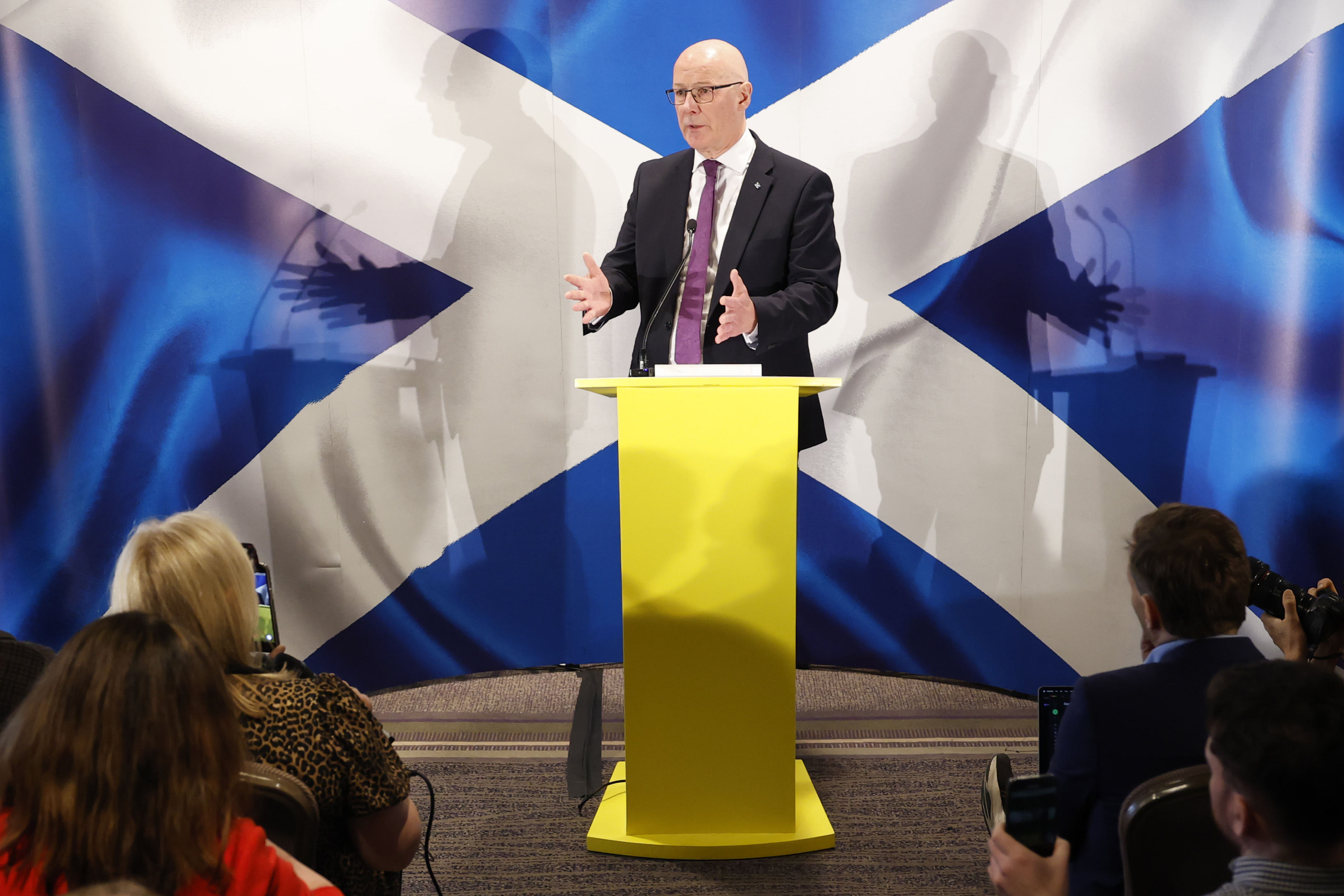 SNP First Minister John Swinney speaks at press conference after Peter Murrell embezzlement plea Edinburgh