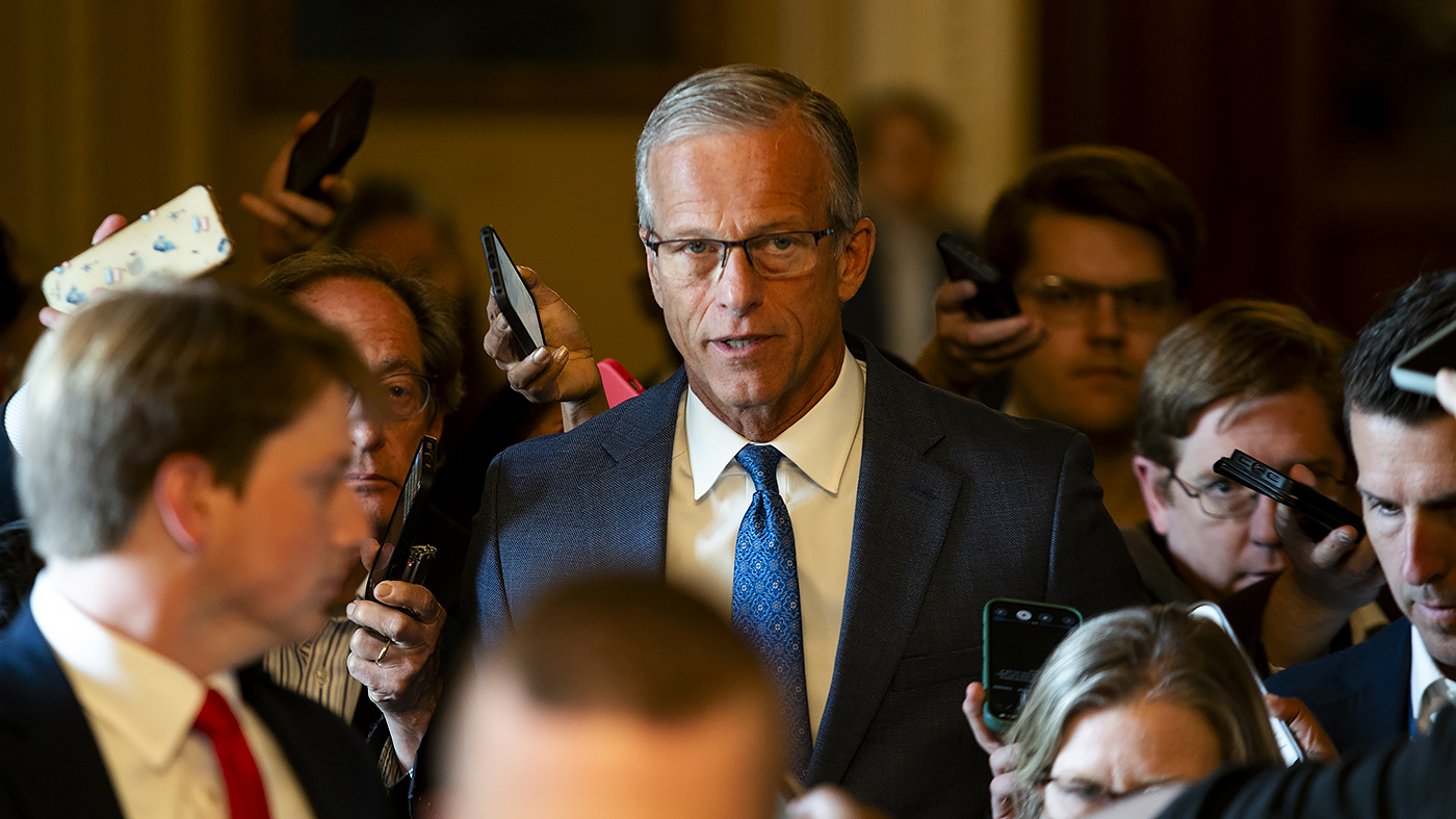 Senate Majority Leader John Thune speaks to reporters after Trump named Bill Pulte acting DNI