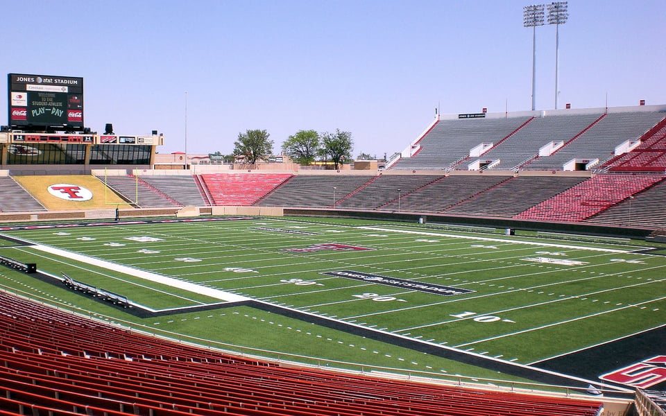 Interior of Jones AT&T Stadium at Texas Tech University in Lubbock Texas showing football field