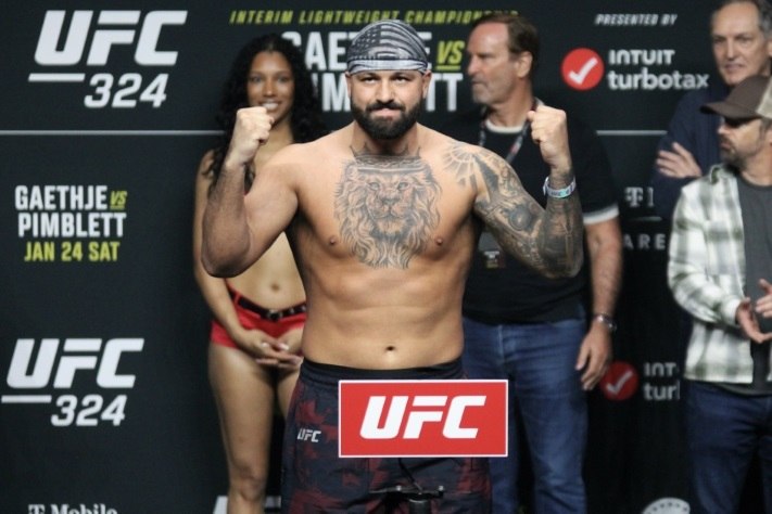 Josh Hokit at the UFC 324 ceremonial weigh-in ahead of his heavyweight bout
