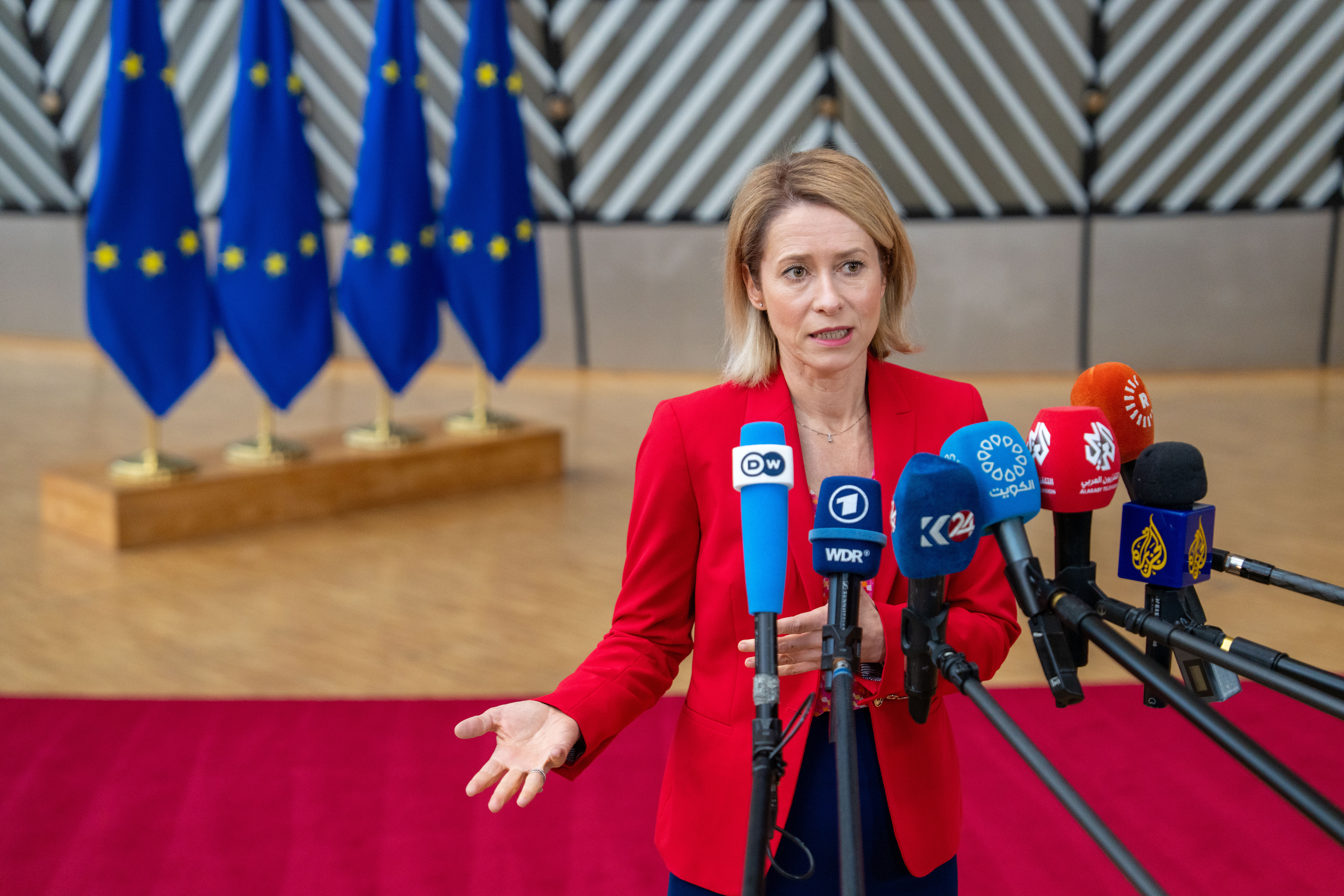 EU foreign policy chief Kaja Kallas arrives at the European Council building in Brussels for a meeting to discuss Israel sanctions