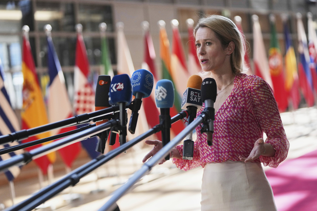 EU foreign policy chief Kaja Kallas speaks to media at the European Council building in Brussels ahead of the 17th sanctions package against Russia