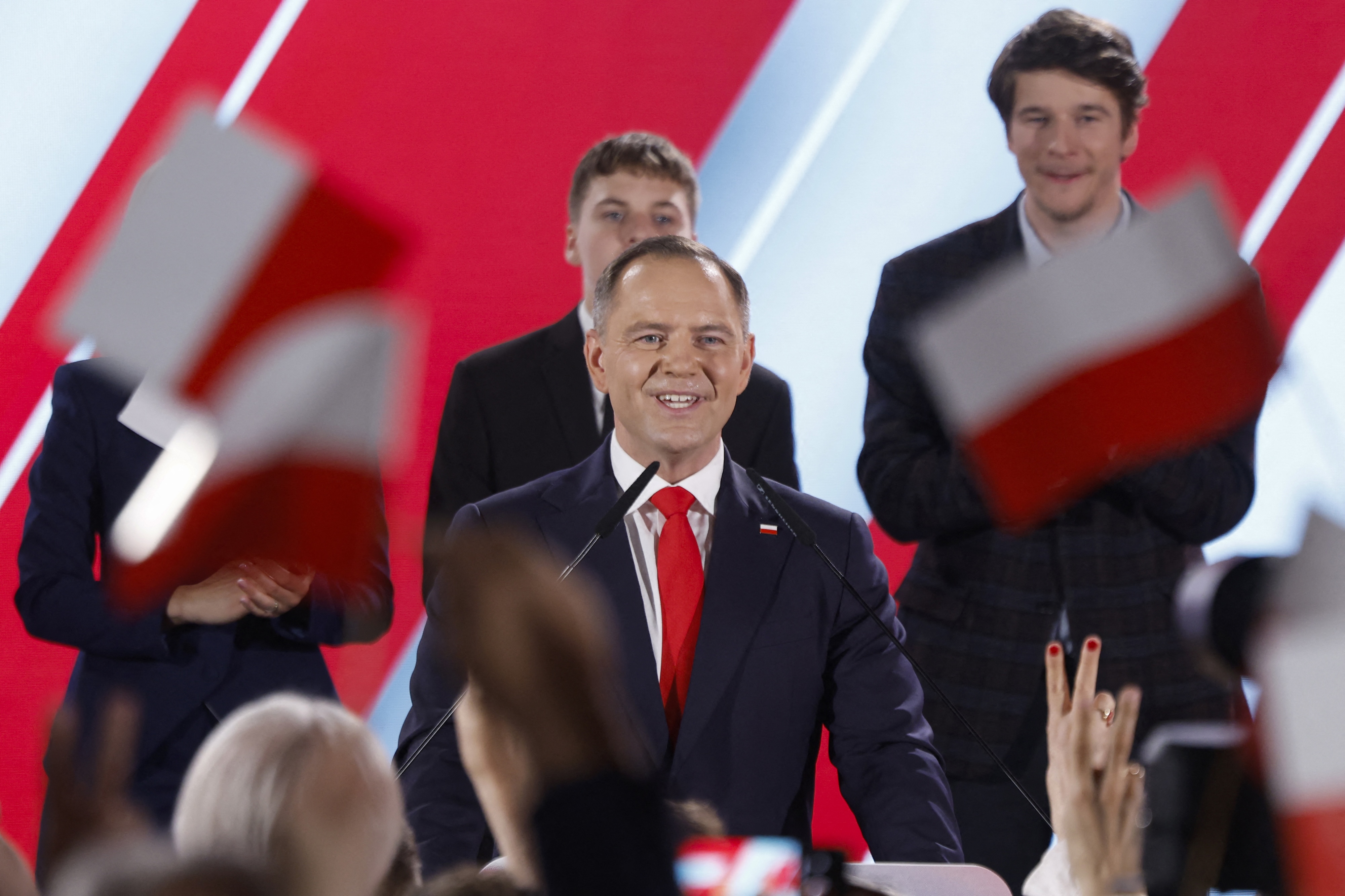 Polish President Karol Nawrocki addresses supporters