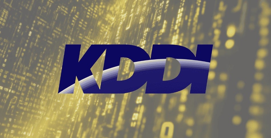 KDDI Corporation logo against a digital background representing a cybersecurity breach affecting 14.2 million email accounts