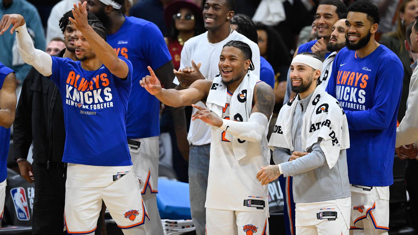 New York Knicks bench celebrates during the 2026 NBA Finals against the San Antonio Spurs