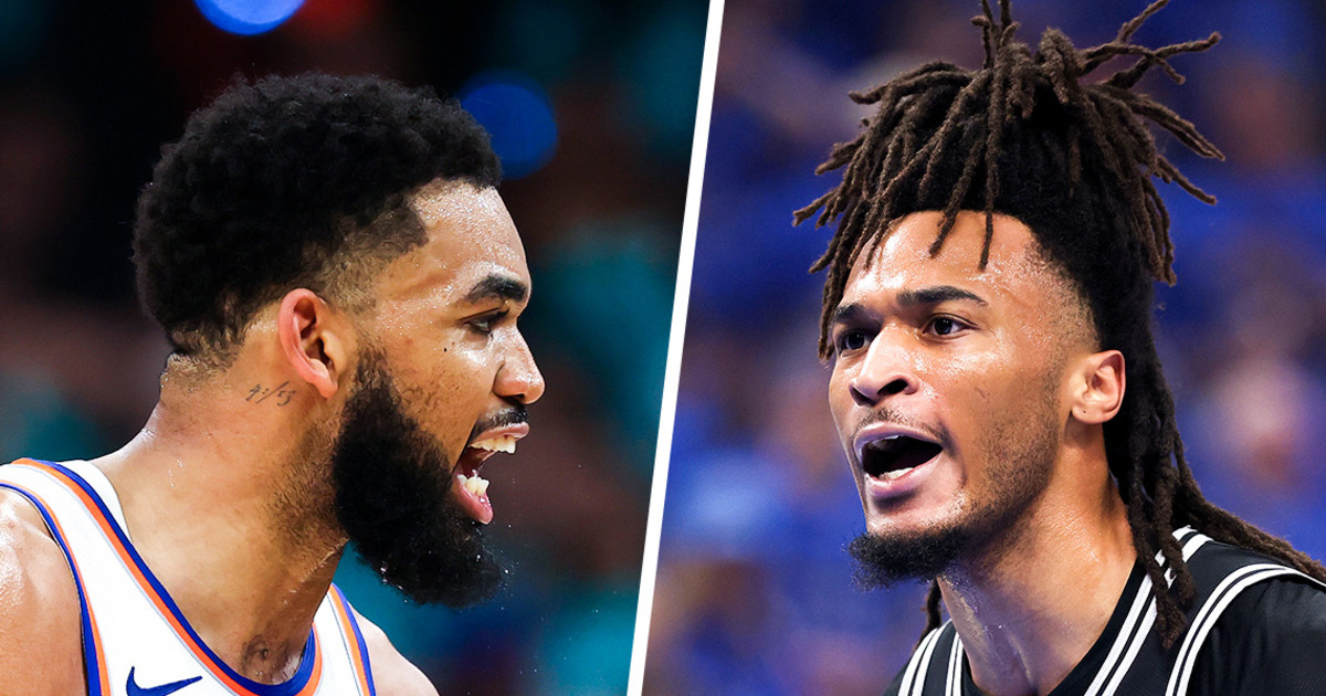 Karl-Anthony Towns of the New York Knicks and Stephon Castle of the San Antonio Spurs during Game 2 of the 2026 NBA Finals