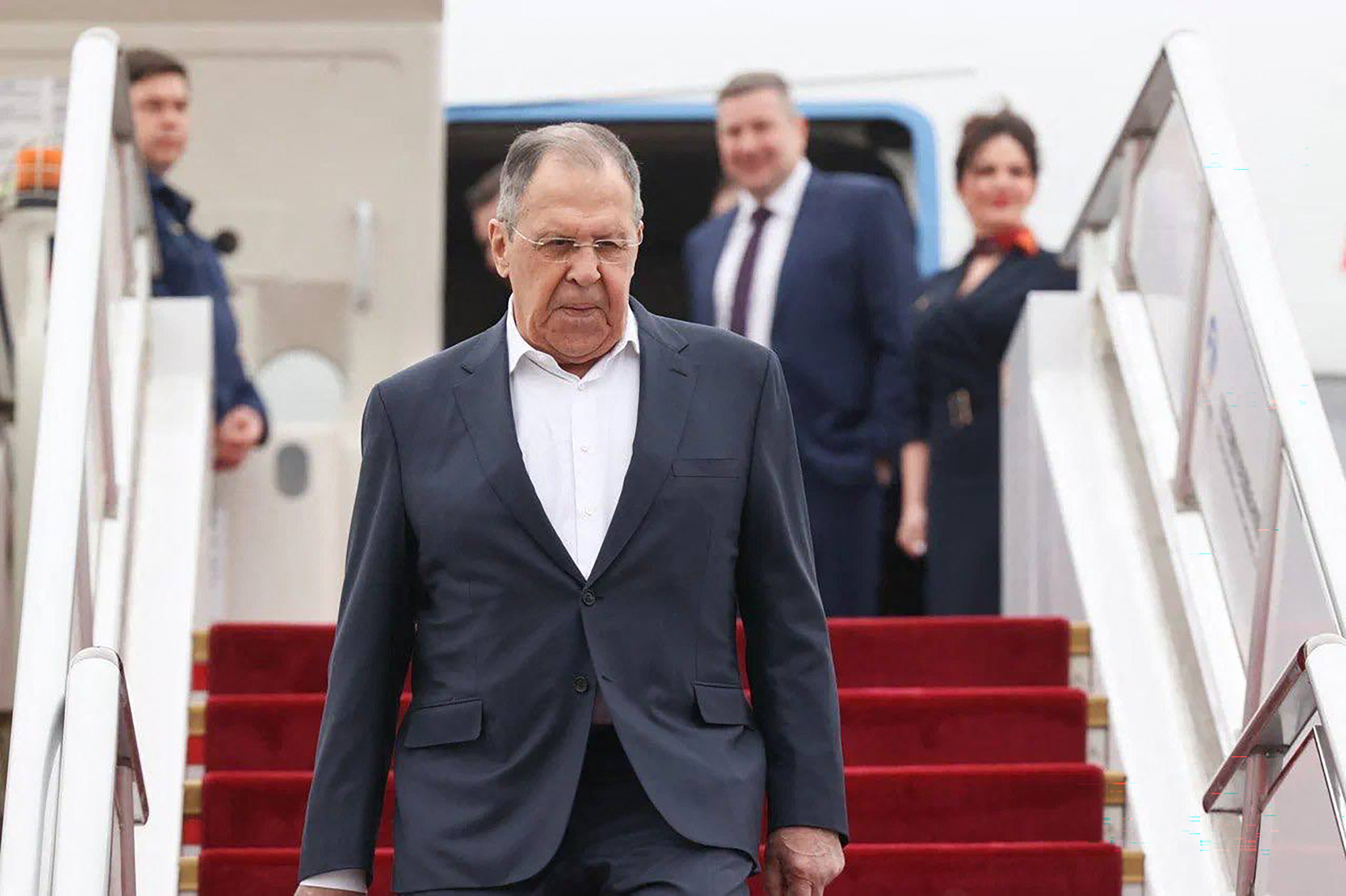 Russian Foreign Minister Sergey Lavrov disembarks a plane in Beijing, April 2026