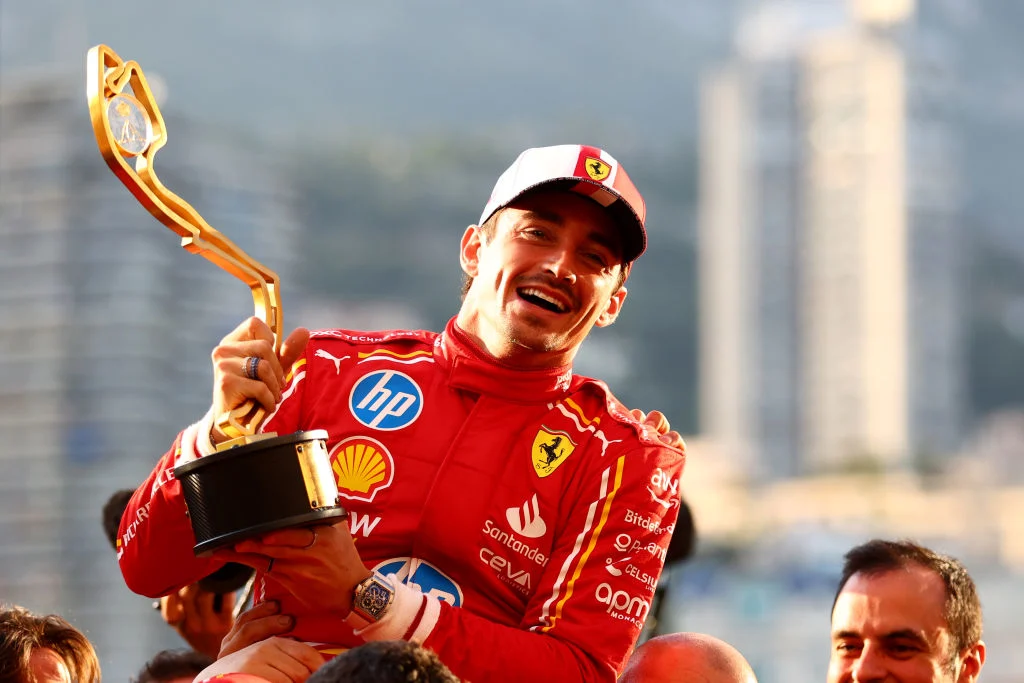 Charles Leclerc celebrates winning the 2024 Monaco Grand Prix for Ferrari