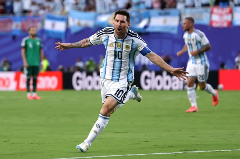 Lionel Messi celebrating his hat-trick for Argentina against Algeria in the 2026 World Cup opener