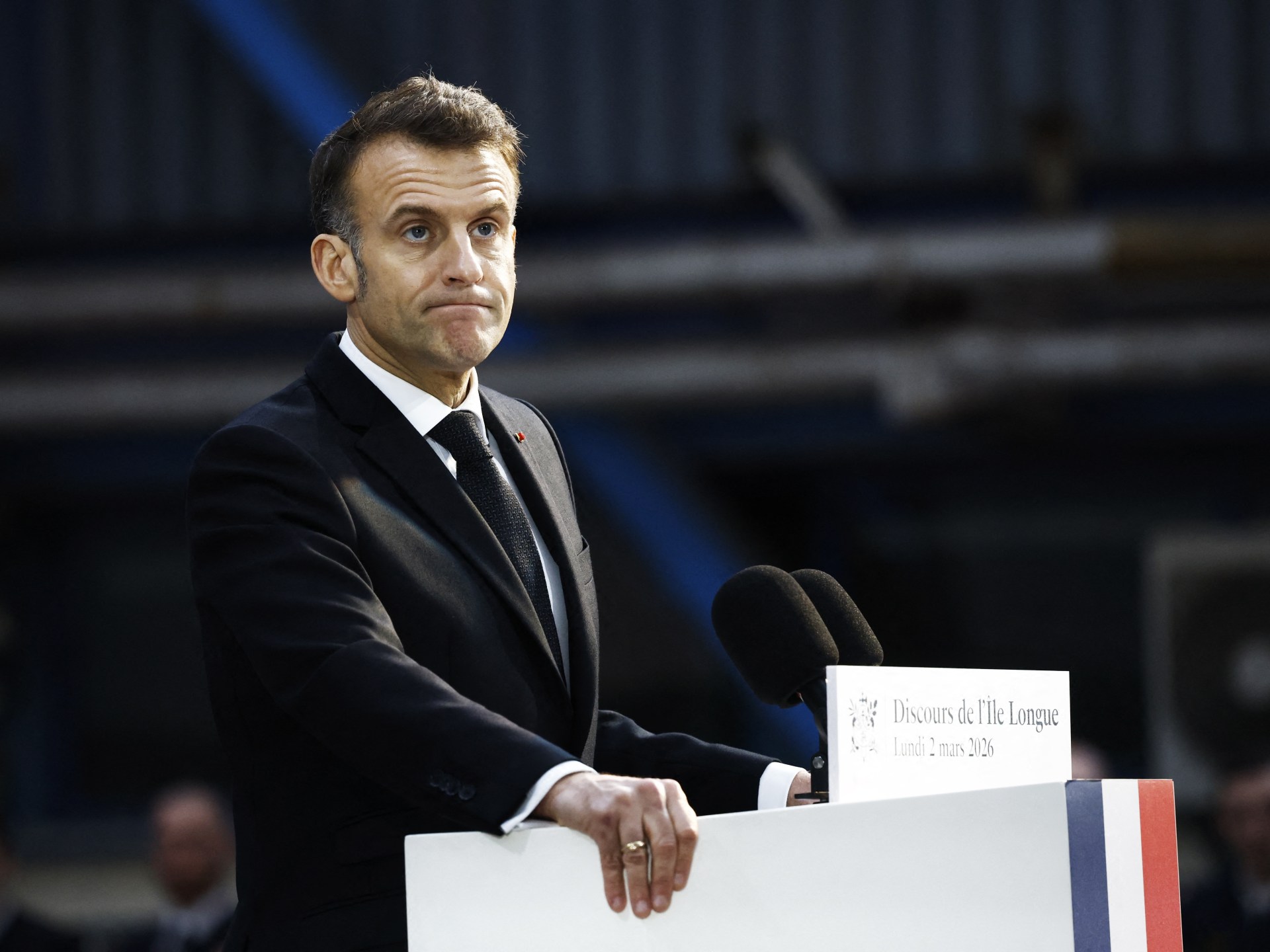 French President Emmanuel Macron delivering his nuclear deterrence speech at the Ile Longue submarine base in Brittany, France, March 2, 2026