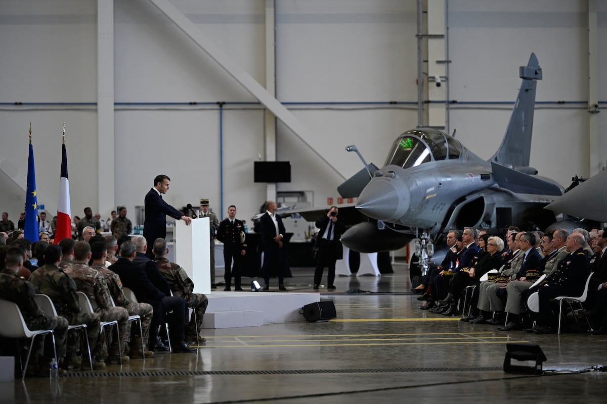 French President Emmanuel Macron addressing military personnel at Istres Air Base in January 2026