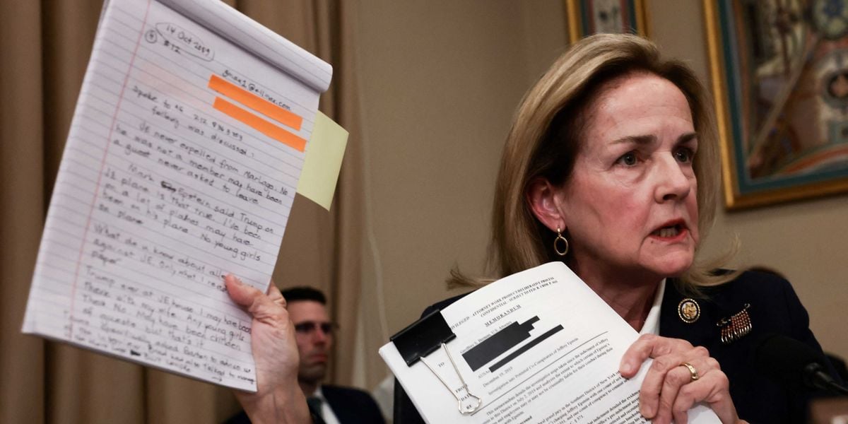 Rep. Madeleine Dean holds notes during Todd Blanche testimony on Epstein files, House Appropriations hearing June 2 2026