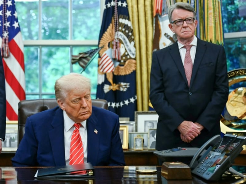 Peter Mandelson with President Donald Trump at the UK-US trade deal signing in the Oval Office