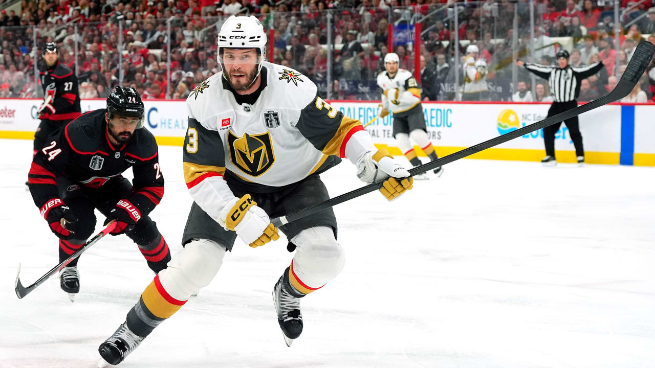 Brayden McNabb of Vegas Golden Knights leaves ice after taking puck to face in Game 2 of 2026 Stanley Cup Final