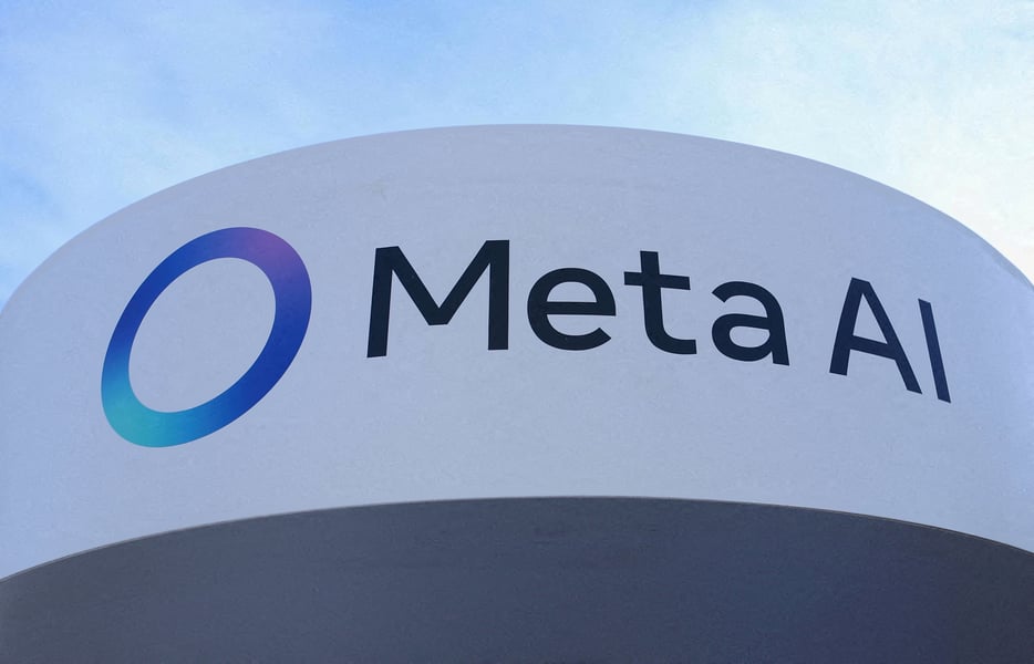 Meta's AI logo displayed outside the Meta House at the World Economic Forum in Davos, Switzerland