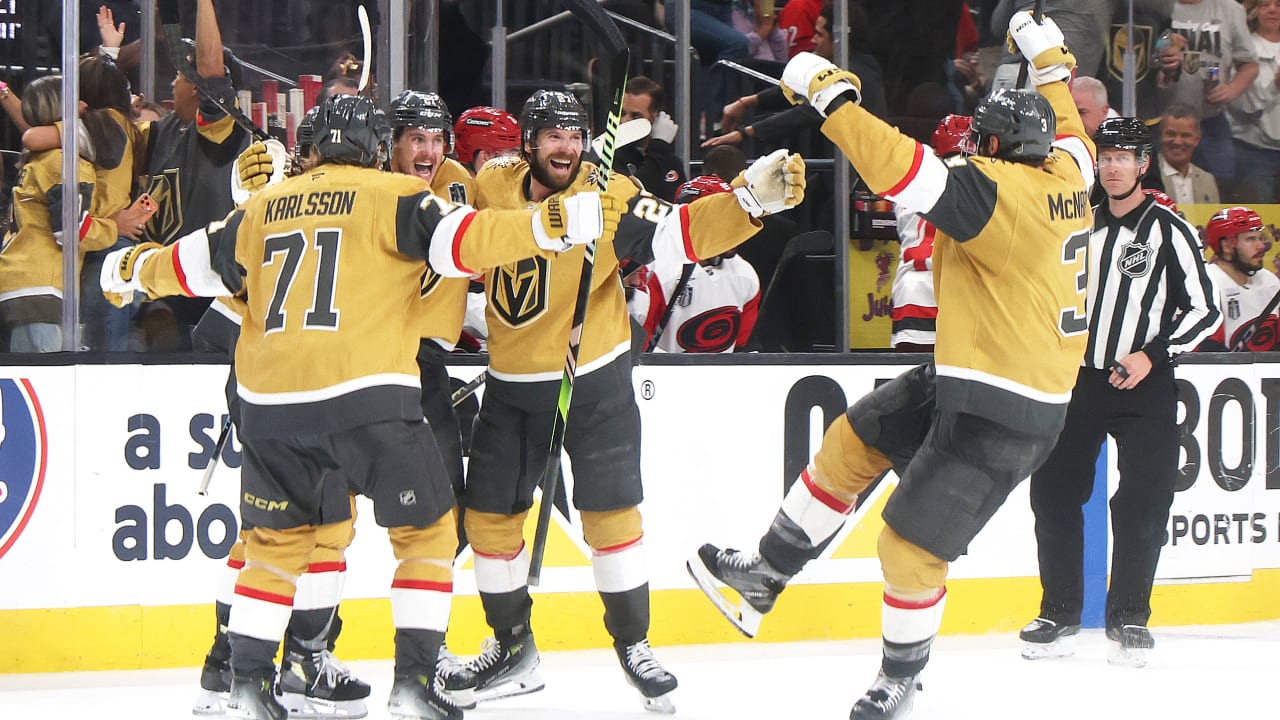 Mitch Marner celebrates his record hat trick in Game 3 of the Stanley Cup Final against the Carolina Hurricanes