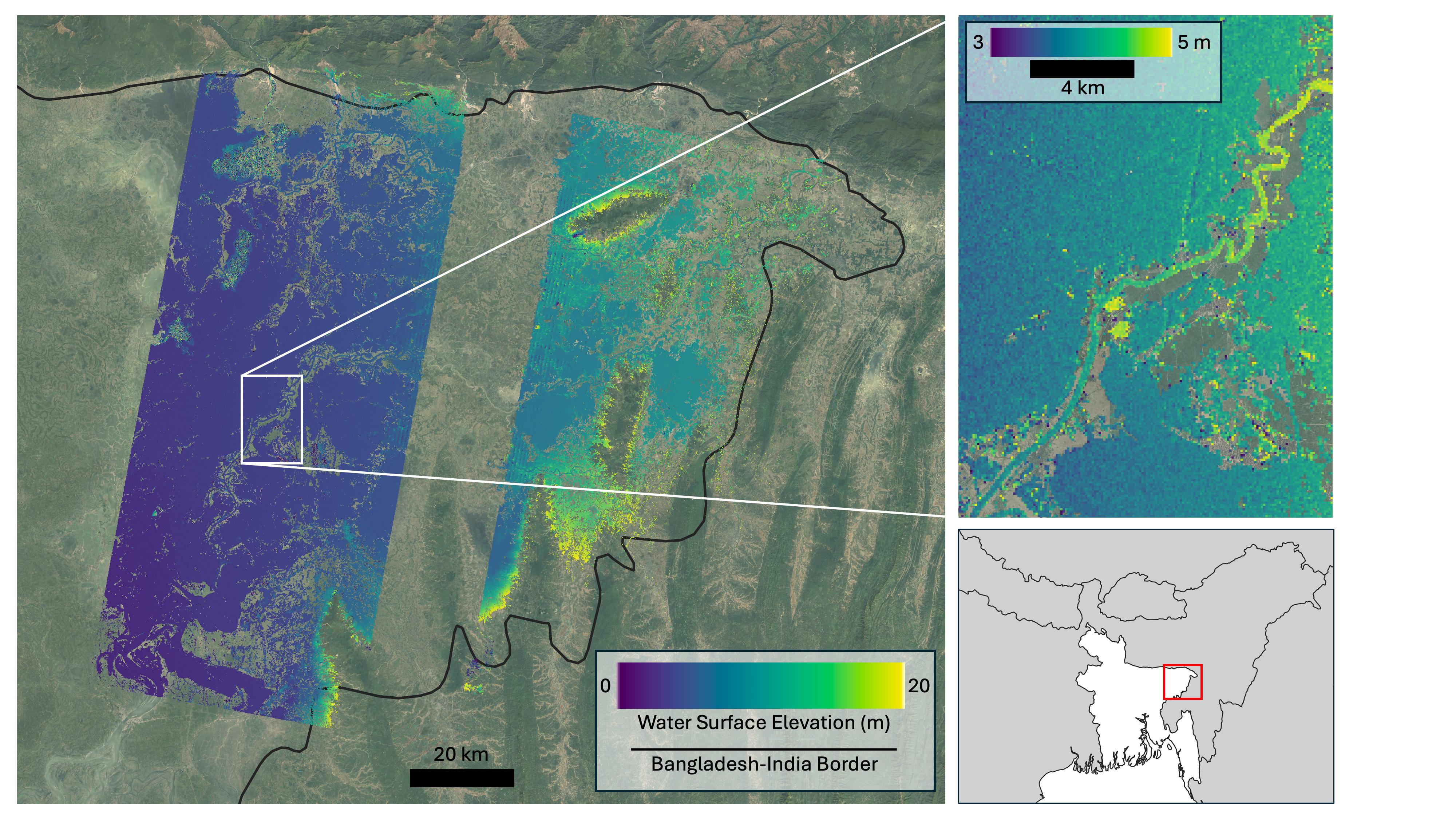 NASA SWOT satellite data showing monsoon flooding in the Bay of Bengal region
