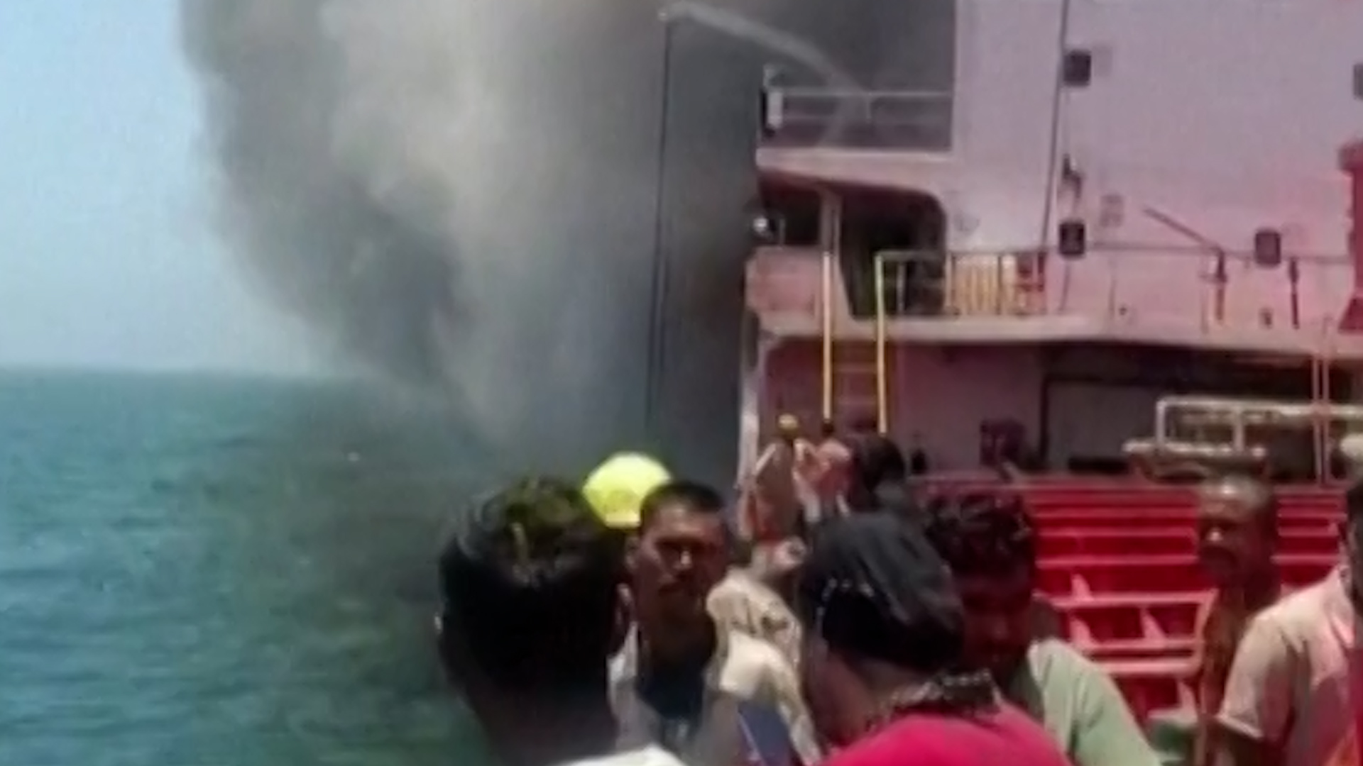 Image from coverage of the rescue of 24 Indian crew members from the MT Marivex tanker struck by a US missile off Oman