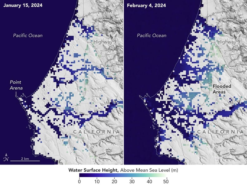 NASA SWOT satellite visualization showing water heights during coastal flooding near Manchester, California, after atmospheric river storms