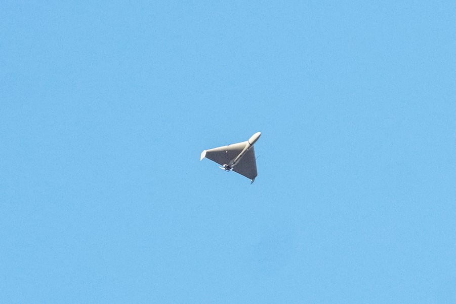 Russian Shahed-136 drone photographed during an attack on Ukraine, representing the threat that shapes NATO air defense positioning around Rzeszów airport Poland