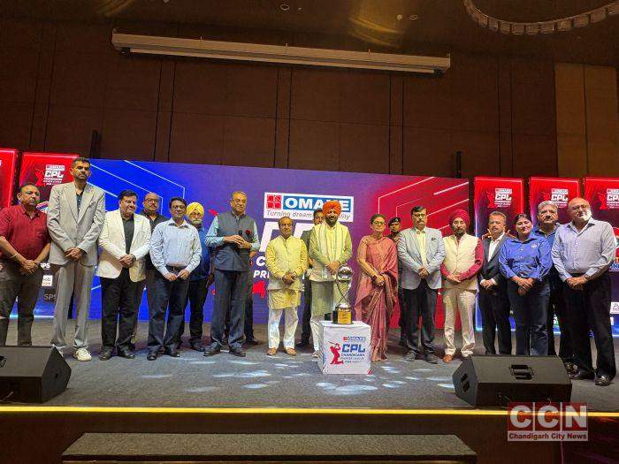 Haryana Chief Minister Nayab Singh Saini unveiling the CPL 2026 cricket trophy in Chandigarh