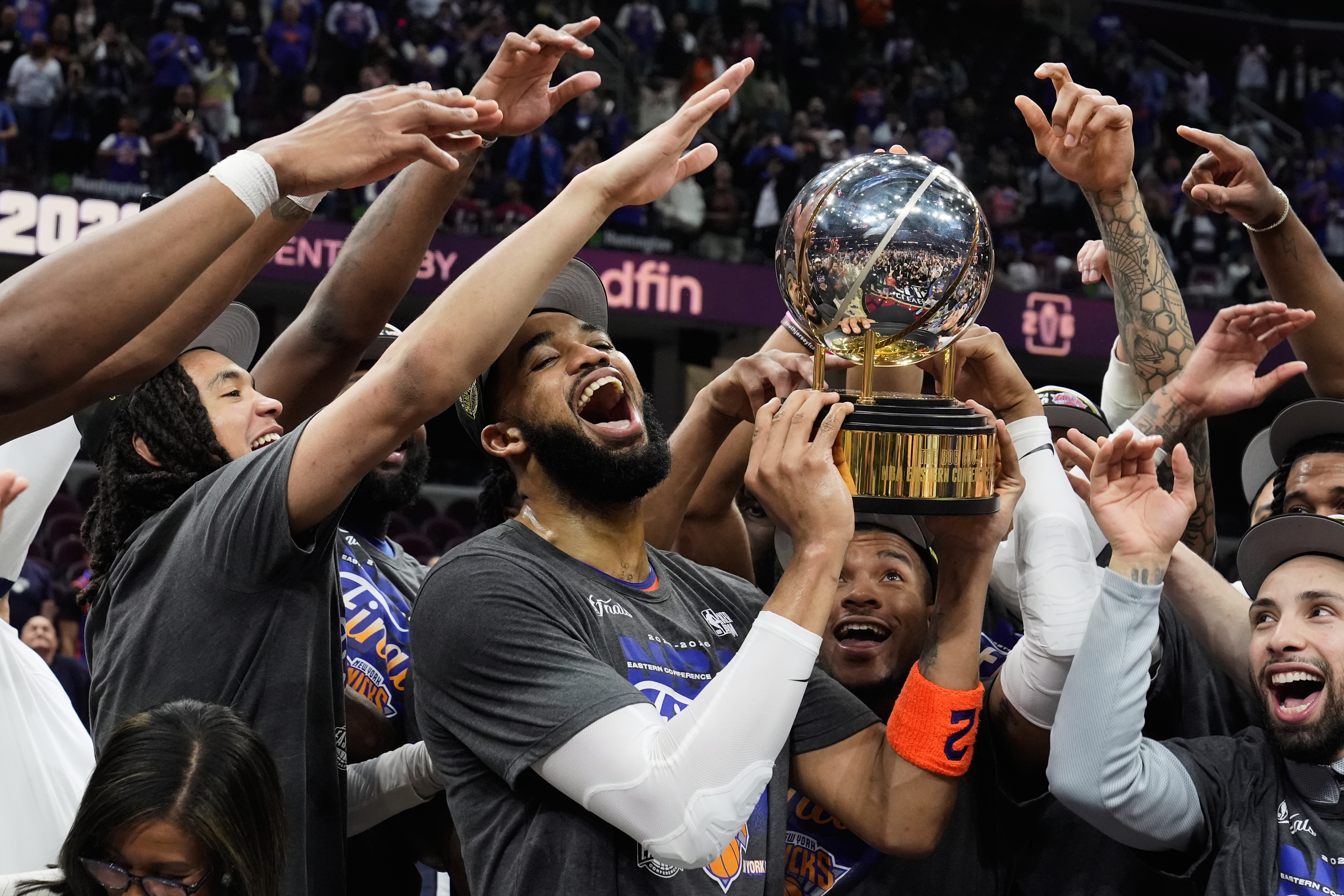 New York Knicks players celebrate after sweeping Cleveland Cavaliers in Eastern Conference Finals to reach 2026 NBA Finals at Madison Square Garden